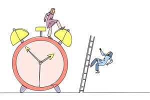 Single continuous line drawing Arabian businesswoman kicks rival who climbs alarm clock with ladder. Arrogance. No need for colleagues to complete many deadlines. One line design illustration vector