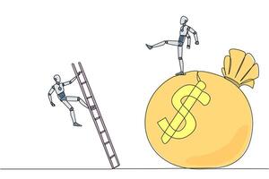 Single continuous line drawing smart robot kicks opponent who is climbing the money bag with a ladder. Cheated by a business partner. Unprofitable business. Rival. One line design illustration vector