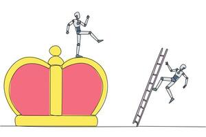 Single continuous line drawing smart robot kicks opponent who is climbing the crown with a ladder. Making rivals fall from business glory. Unhealthy competition. One line design illustration vector