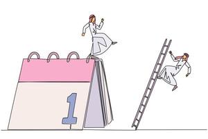 Continuous one line drawing Arab businessman kicks opponent who is climbing a desk calendar with a ladder. Vacations will be canceled due to many deadlines. Single line draw design illustration vector