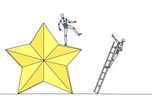 Continuous one line drawing smart robot kicks opponent who is climbing the star with the ladder. Dropping opponents from achieving the same dream. Rival. Single line draw design illustration vector