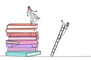 Single continuous line drawing Arab businessman kicks opponent who climbs a pile of books with a ladder. Failed to gain access to profitable business principles. One line design illustration vector