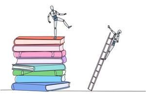 Continuous one line drawing smart robot kicks opponent who climbing a pile of books with a ladder. Failed to gain access to profitable business principles. Single line draw design illustration vector