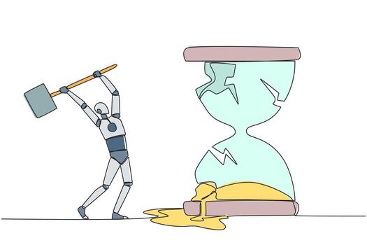Continuous one line drawing robot preparing to hit the big hourglass. Remove reminders. Work without rules. Undisciplined. Detrimental to the company. Single line draw design illustration vector