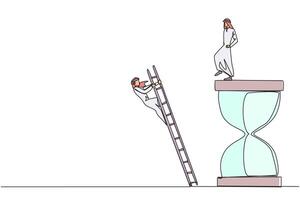 Single one line drawing Arab businessman kicks opponent who climbs the hourglass with a ladder. Not able to complete deadlines well. Dropped roughly. Rival. Continuous line design graphic illustration vector