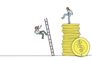 Continuous one line drawing businesswoman kicks opponent who climbs pile of coins with ladder. Greed for wealth. Forgetting comrades in arms. The traitor. Single line draw design illustration vector