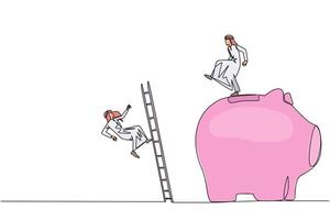 Continuous one line drawing Arab businessman kicks rival who climbs piggy bank with stair. Bringing down opponents so don't have any investment in future. Single line draw design illustration vector