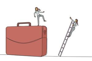 Single continuous line drawing businesswoman kicks opponent who is climbing the briefcase with a ladder. Keep away from intruders who disturb business trips. Rival. One line design illustration vector