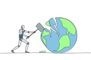 Single continuous line drawing smart robotic preparing to hit the big globe. Disappointed with the world. Businesses fall apart before it grow. Deepest anger. One line design illustration vector