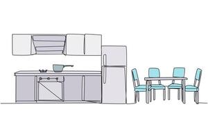 Continuous one line drawing the kitchen room has elegant classic feel. The dining table in a row gives a minimalist impression. Semi-modern style kitchen. Single line draw design illustration vector