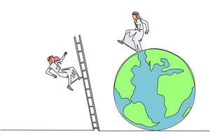 Single continuous line drawing Arab businessman kicks opponent who climbing the globe with a ladder. Failed to be on top of the world. Dropped by business friend. One line design illustration vector