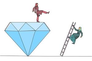 Single continuous line drawing Arab businesswoman kicks rival who climbs the diamond with a ladder. Knocking rival down from achieving a glorious position together. One line design illustration vector