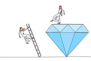 Single continuous line drawing Arab businessman kicks rival who climbs the diamond with a ladder. Knocking rival down from achieving a glorious position together. One line design illustration vector