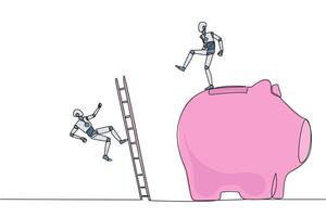 Continuous one line drawing robot kicks opponent who is climbing piggy bank with stair. Bringing down opponents so don't have any investment in the future. Single line draw design illustration vector