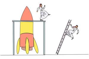Continuous one line drawing Arab businessman kicks opponent who climbs the rocket with ladder. Failure to open new business. Cheated by colleague. Traitor. Single line draw design illustration vector