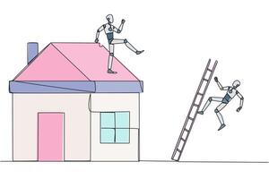 Single continuous line drawing smart robot kicks opponent who climbs a miniature house with stairs. Metaphor of fraud committed by house developers. Bad business. One line design illustration vector
