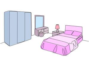 Continuous one line drawing stylish room with full furniture modern. Modern minimalist design. An example of a room for a girl. Bed with soft blanket. Single line draw design illustration vector