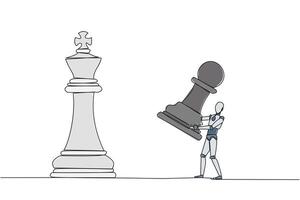 Single continuous line drawing smart robotic holding pawn chess to beat king chess. Strategic planning, business development strategy, tactics in entrepreneurship. One line design illustration vector