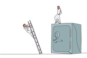 Single one line drawing Arab businessman kicks opponent who is climbs safe deposit box with ladder. Dropped roughly. Unable to save important files. Rival. Continuous line design graphic illustration vector