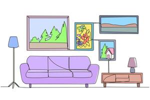 Continuous one line drawing stylish family room with three soft seat sofa. Scandinavian interior design with wood as the main material for furniture. Cozy. Single line draw design illustration vector