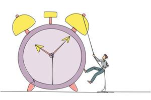 Single continuous line drawing businessman climbing alarm clock with rope. Work carefully to complete each task. Works perfectly. Without any errors. Deadline. One line design illustration vector