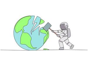 Continuous one line drawing astronaut preparing to hit the big globe. Disappointed with the world. Businesses fall apart before it grow. Deepest anger. Single line draw design illustration vector