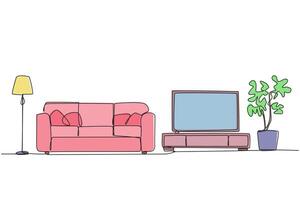 Continuous one line drawing stylish family room with full furniture modern. Modern minimalist. Equipped with floor lamp for lighting needs and a television. Single line draw design illustration vector