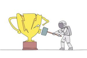 Single continuous line drawing young astronaut preparing to hit the big trophy. Rampage. Expressing mounting anger. Smashing the trophy with a sledgehammer. Failed. One line design illustration vector