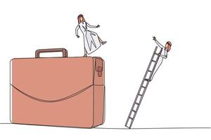Single one line drawing Arab businessman kicks opponent who climbs the briefcase with a ladder. Keep away from intruders who disturb business trips. Rival. Continuous line design graphic illustration vector