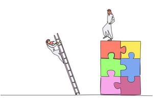 Continuous one line drawing Arab businessman kicks opponent who climbs the puzzle with stairs. Betrayed by colleague when successfully resolving a problem. Single line draw design illustration vector