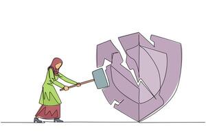 Continuous one line drawing Arabian businesswoman preparing to hit shield. System is undermined by business competitors. Unfair competition. Virus attack. Single line draw design illustration vector