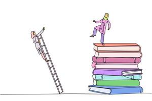 Continuous one line drawing Arab businesswoman kicks opponent who climbs pile of books with ladder. Failed to gain access to profitable business principles. Single line draw design illustration vector