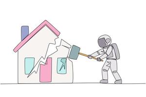 Single one line drawing young astronaut preparing to hit the miniature house. Metaphor of house as collateral for payment. Fails. Home is gone. Bankrupt. Continuous line design graphic illustration vector