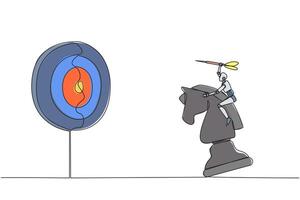 Single continuous line drawing smart robot future technology holding a dart arrow while riding chess horse piece, strategic concept. Success business manager. One line design illustration vector
