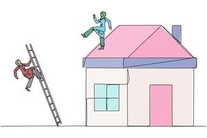 Single continuous line drawing Arab businesswoman kicks rival who climbs miniature house with stairs. Metaphor of fraud committed by house developers. Bad business. One line design illustration vector