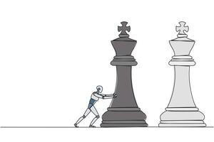 Single one line drawing smart robot newest technology push huge king chess piece. Business strategy and marketing plan. Strategic move in business concept. Continuous line design graphic illustration vector