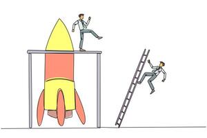 Single continuous line drawing businessman kicks opponent who climbing the rocket with ladder. Failure to open new business. Cheated by business friend. Traitor. One line design illustration vector