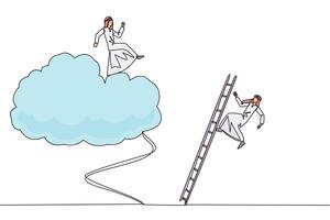 Continuous one line drawing Arab businessman kicks rival who climbs cloud with ladder. Perfect achievement in business. Bring down competitors in any way. Single line draw design illustration vector