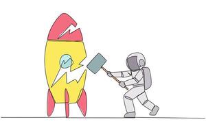 Single continuous line drawing young astronaut preparing to hit a standing rocket. Rampage. Not ready to accept new technology. Not ready for competition. Lost. One line design illustration vector
