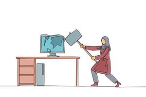 Continuous one line drawing Arab businesswoman preparing to hit computer monitor on work desk. Stocks don't rise. Didn't get any profit. Anger escalated. Single line draw design illustration vector