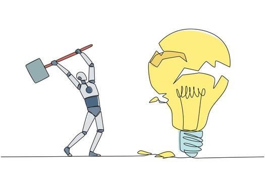 soltero continuo línea dibujo inteligente robot preparando a golpear un grande bombilla. el paliza enojo. ha fallado a seguro un brillante negocio idea. destrucción. alboroto. uno línea diseño ilustración vector