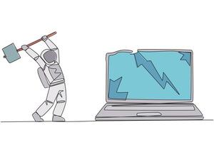 Single continuous line drawing young astronaut preparing to hit laptop. Rampage. Destroying technology that cannot used optimally. Upgrade hardware and brainware. One line design illustration vector
