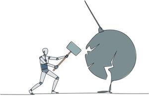 Single one line drawing smart robotic preparing to hit big swinging pendulum. Metaphor eliminate business distraction. Number one to be a business keeper. Continuous line design graphic illustration vector