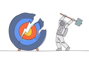 Continuous one line drawing astronaut preparing to hit a big target arrow board. Rampage. Failed to focus, failed to get the promised reward. Madness. Single line draw design illustration vector
