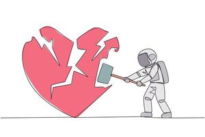 Single continuous line drawing young astronaut preparing to hit the big heart. Broken heart. Loss of concentration. Emotional feeling. No direction. Angry. Madness. One line design illustration vector