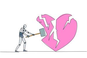 Continuous one line drawing smart robot preparing to hit big heart. Broken heart. Loss of concentration. Emotional feeling. No direction. Angry. Madness. Single line draw design illustration vector