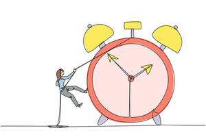 Single continuous line drawing businesswoman climbing alarm clock with rope. Work carefully to complete each task. Works perfectly. Without any errors. Deadline. One line design illustration vector