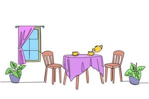Single continuous line drawing stylish room with full furniture modern. Relaxing space for drinking tea or coffee. Scandinavian design interior. Simple minimalist. One line design illustration vector