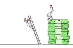 Single one line drawing Arab businessman kicks opponent who is climbs pile of banknotes with ladder. Struggle together but want to achieve big profit alone. Continuous line design graphic illustration vector