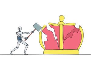 Continuous one line drawing smart robot preparing to hit the big crown. Destroying the symbols of authoritarian kingdom. Expect justice for business people. Single line draw design illustration vector